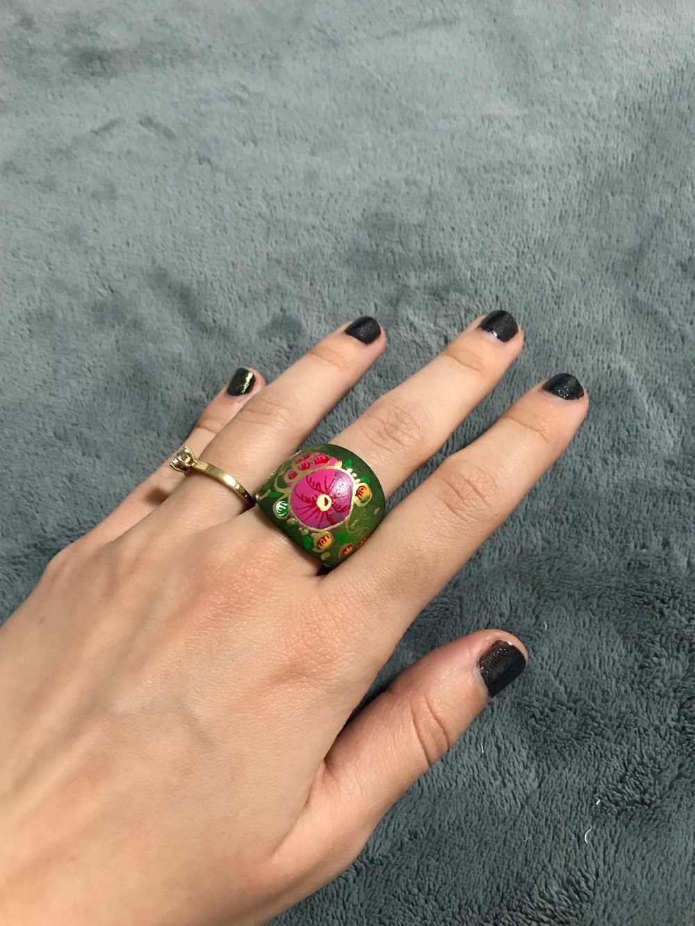 Dark Green Hand Painted Wood Statement Chunky Ring Floral Design Size 7